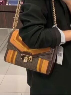 Michael Kors Brown and Mustard Striped Shoulder Bag with Gold Adjustable Chain